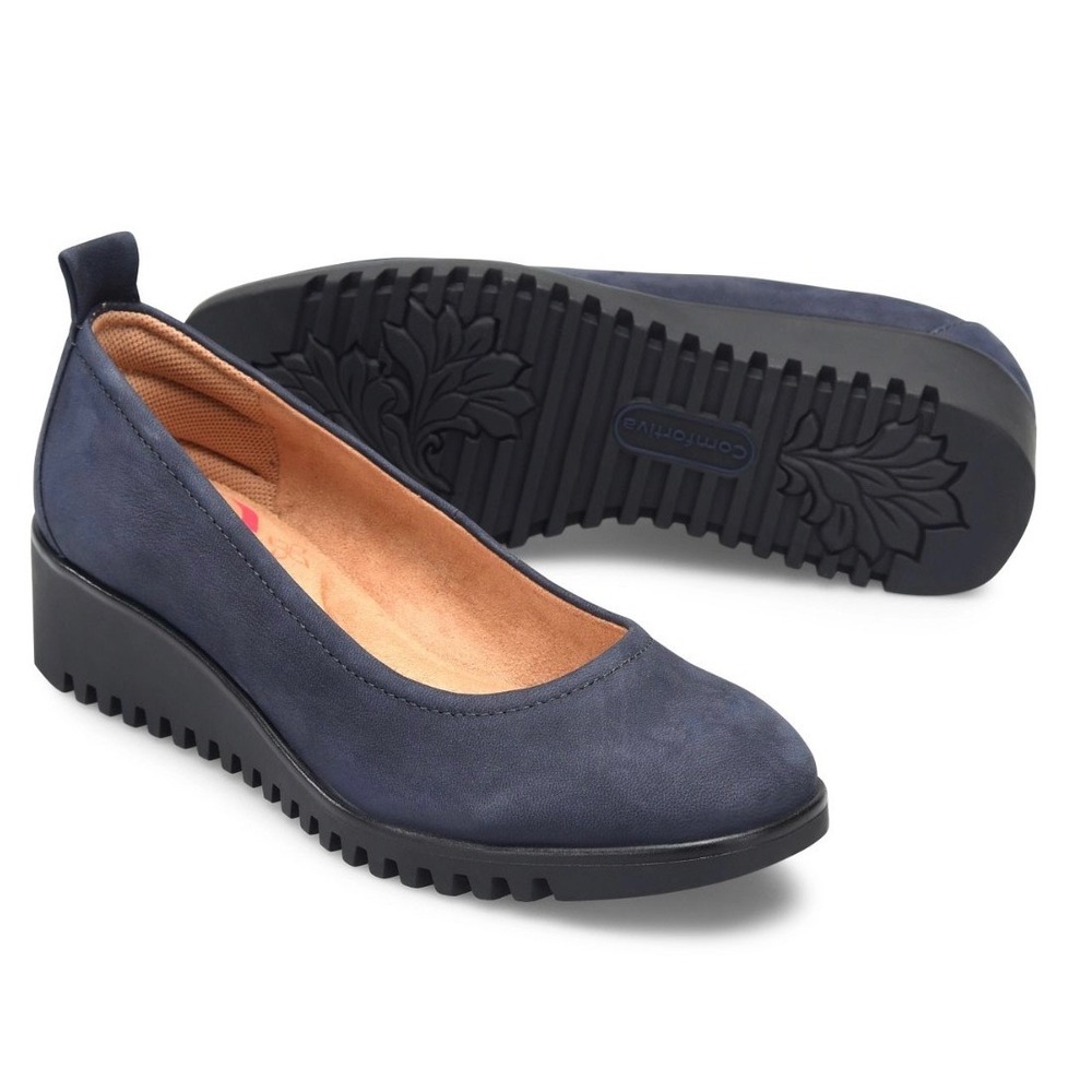 Comfortiva Navy Blue Leather Wedge Pumps Pillowtop Memory Foam Size 8.5M New